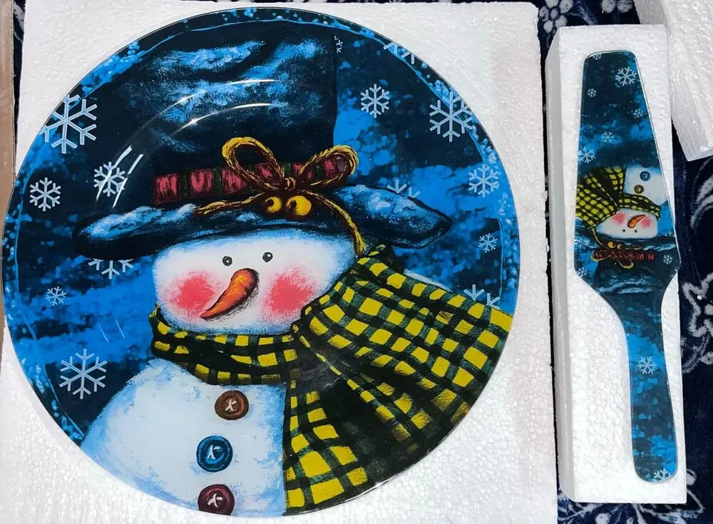 Vintage Snowman Christmas Holiday Glass Platter and Server set
